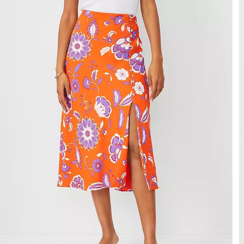 Ann Taylor Floral Button Slit Midi Slip Skirt Orange XS NWT